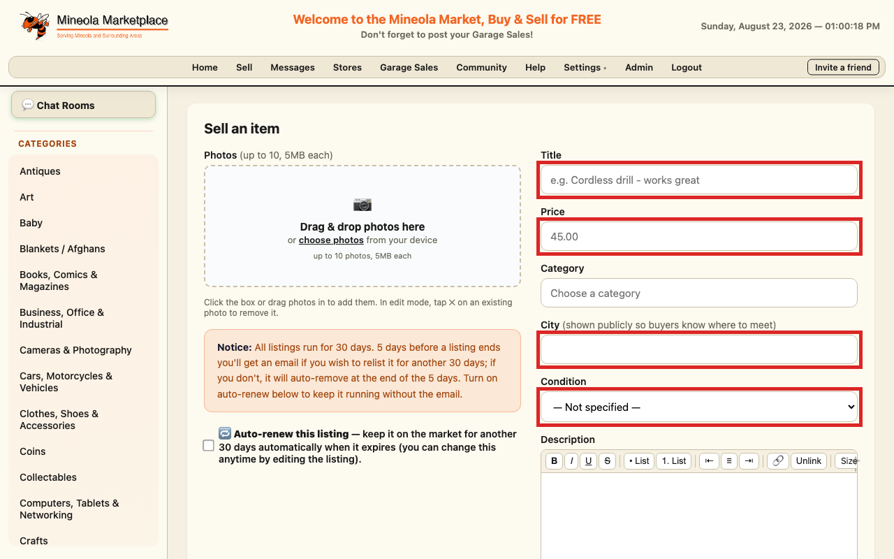 The sell / post listing form